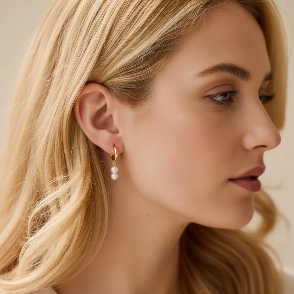 Dainty gold hoop earrings with two pearls, worn by blonde woman, elegant bridal earrings