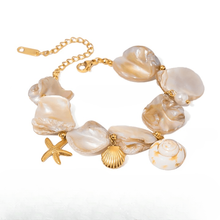 Waterproof gold shell bracelet with starfish and spiral charms