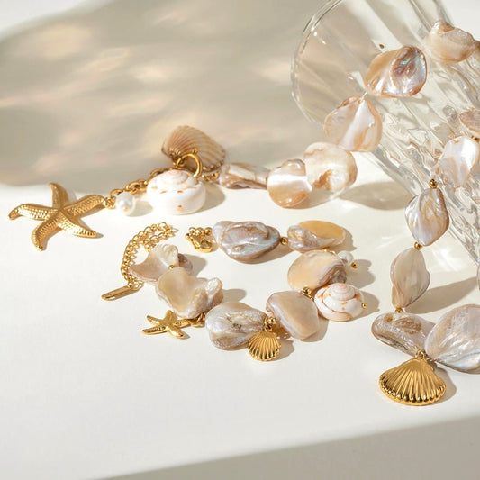 Front view of gold shell necklace and bracelet set – waterproof and tarnish-resistant summer jewelry