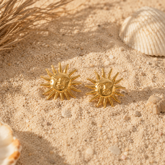 Gold sun earrings in stainless steel with PVD gold plating