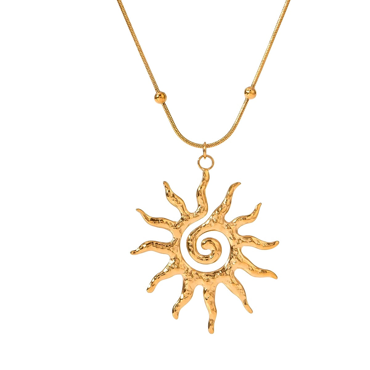 Studio shot of 18K gold plated sun pendant on fine snake chain