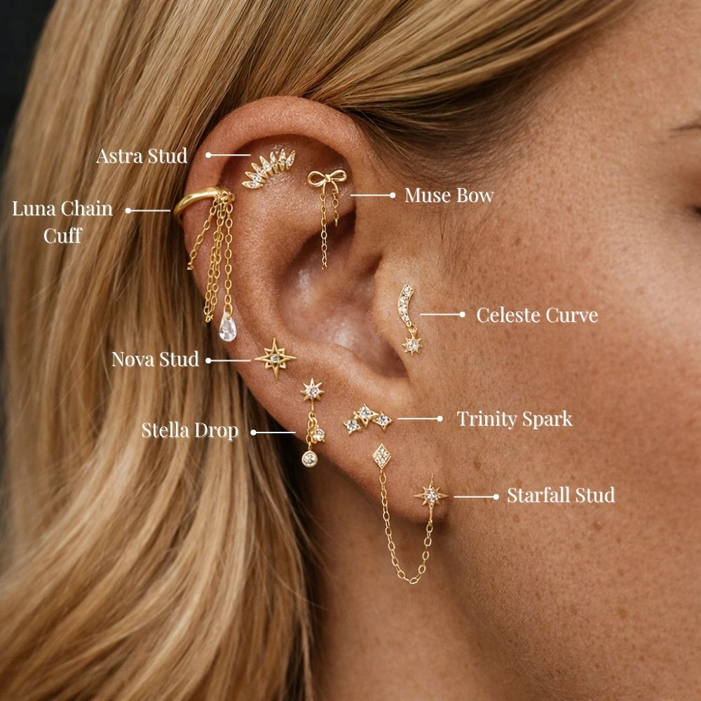 Earring Styaling Celeste Curve – Gold Cartilage Stud Earring – Beach Bloom Jewelry