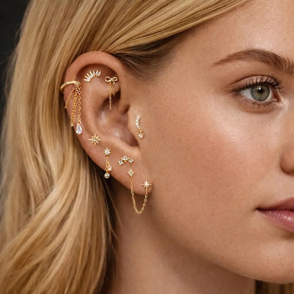 Gold ear stack styling with multiple cartilage piercings including helix, tragus and lobe earrings