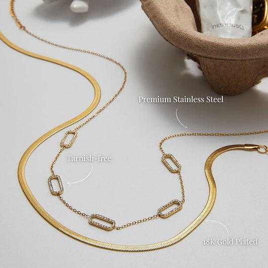 Layered gold necklace set with herringbone chain and crystal link chain