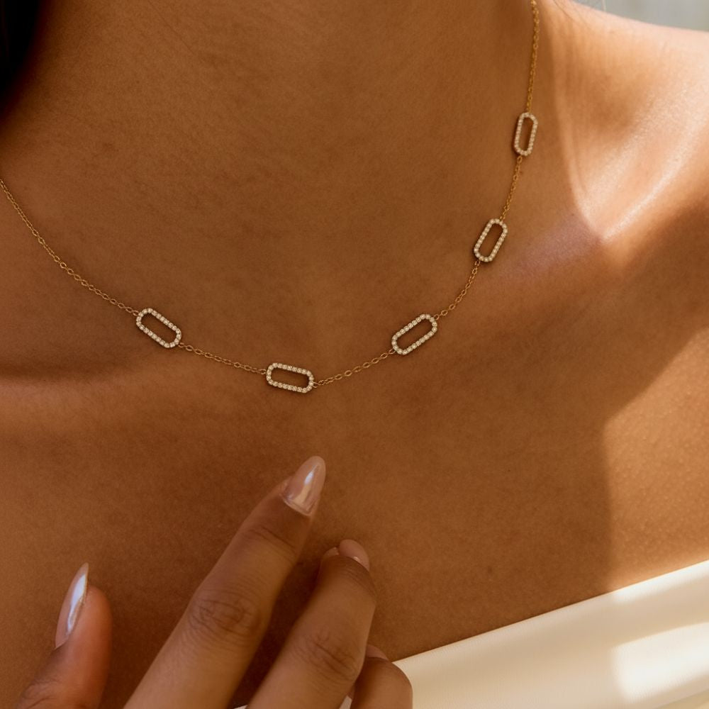 Golden Link Necklace with rectangular crystal links close-up