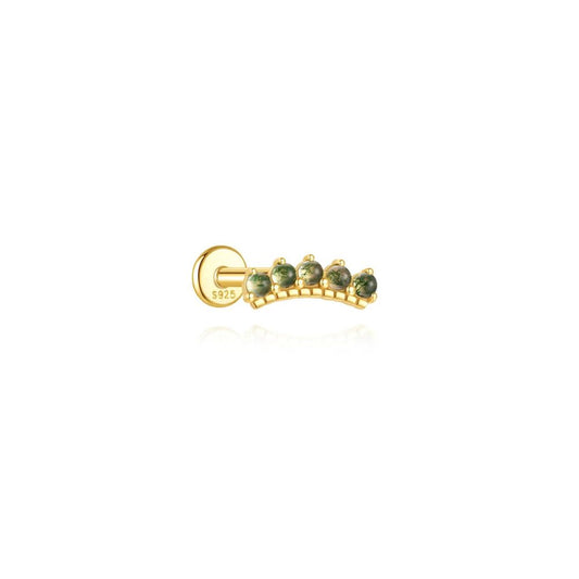 Curved helix stud earring with natural green stones in gold plated sterling silver