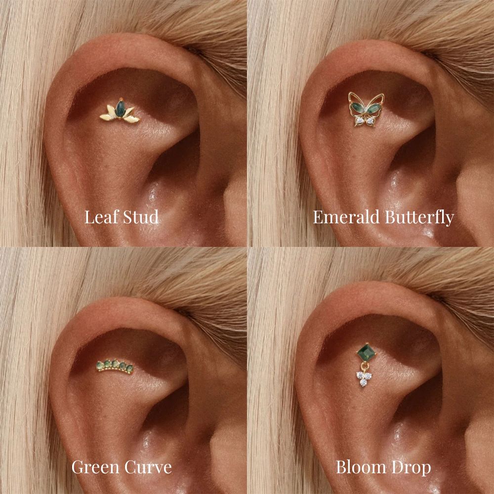 Green ear stack earrings featuring leaf stud, butterfly stud, curved stud and drop earring with natural green stones