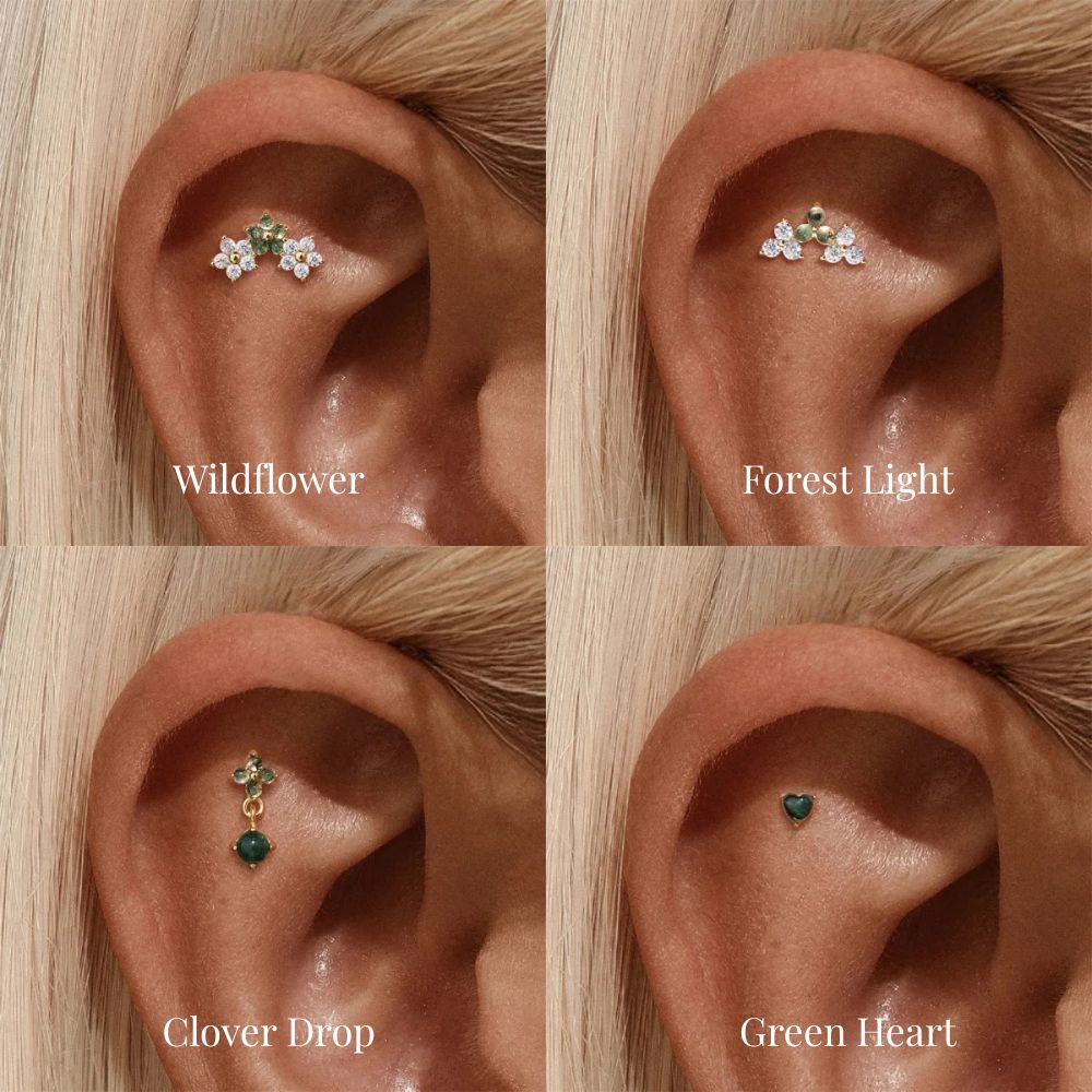 Green ear stack earrings featuring cartilage studs and drop earring with natural green stones worn on ear