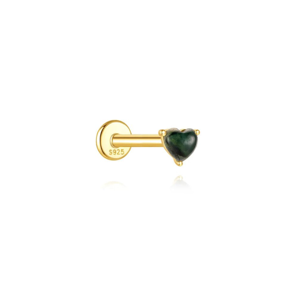 Small heart cartilage stud earring with natural green stone in 925 sterling silver gold finish