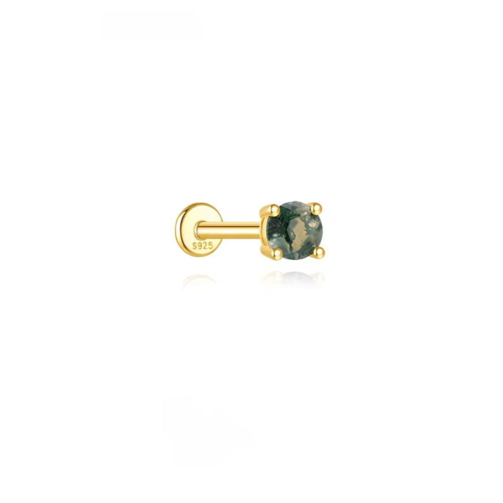 Green Stone large moss agate stud earring in 925 sterling silver gold finish