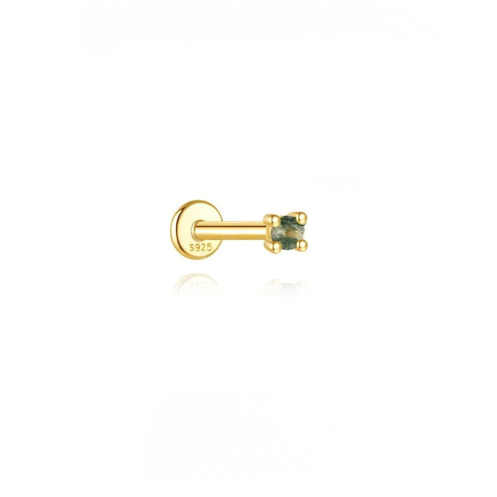 Green Stone small moss agate stud earring in 925 sterling silver gold finish