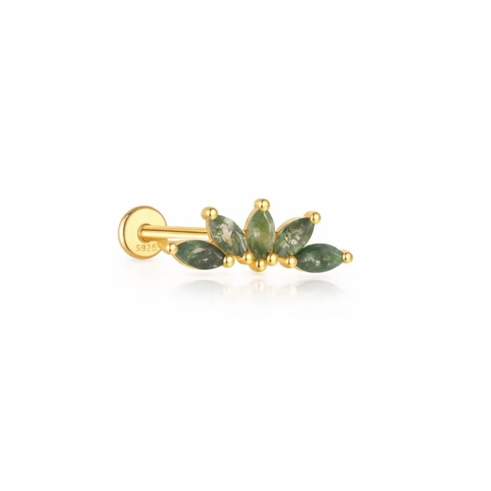 Marquise moss agate lobe earring in gold tone for ear stack styling