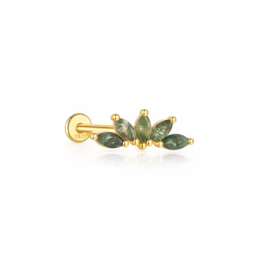 Marquise moss agate lobe earring in gold tone for ear stack styling