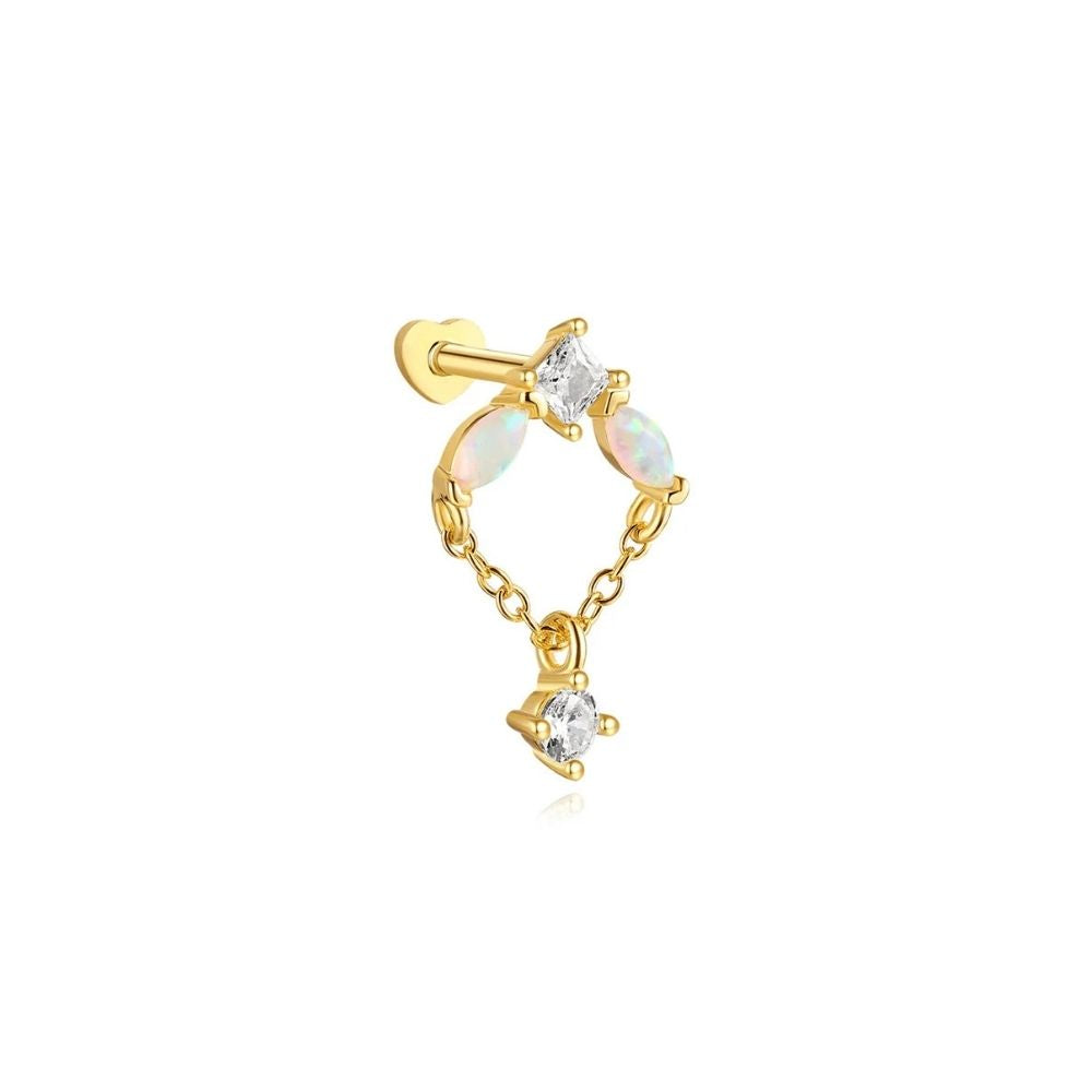 Halo Drop helix chain earring with opal stones in 925 sterling silver, cartilage jewelry for ear stacking