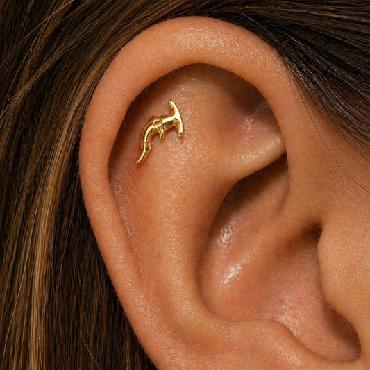 Gold shark helix earring cartilage stud small minimalist ocean jewelry