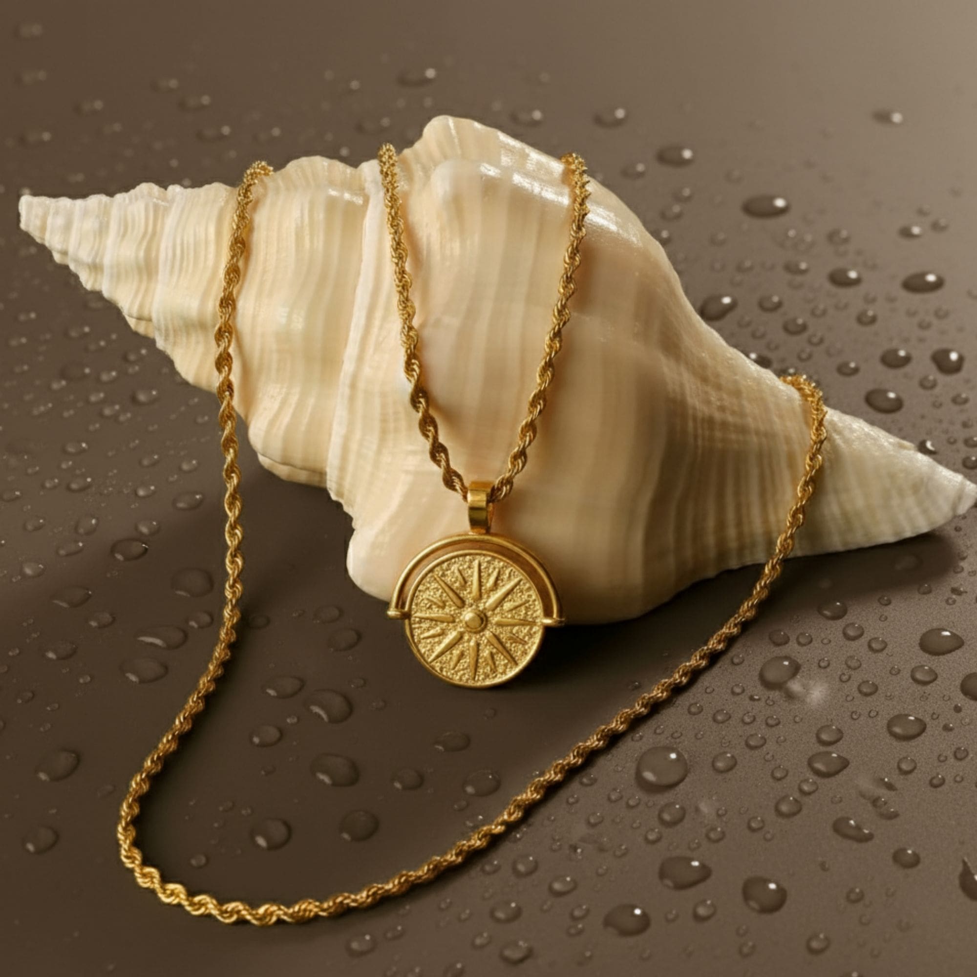Helia Necklace in gold displayed on seashell with water drop effect.