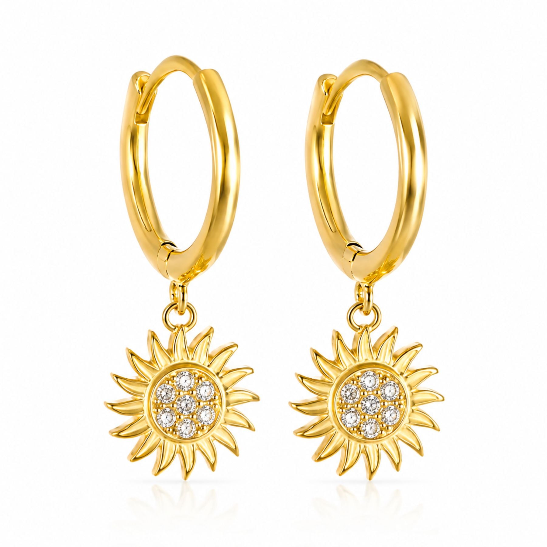 Helio gold sun hoop earrings with sparkling zirconia sunburst charms