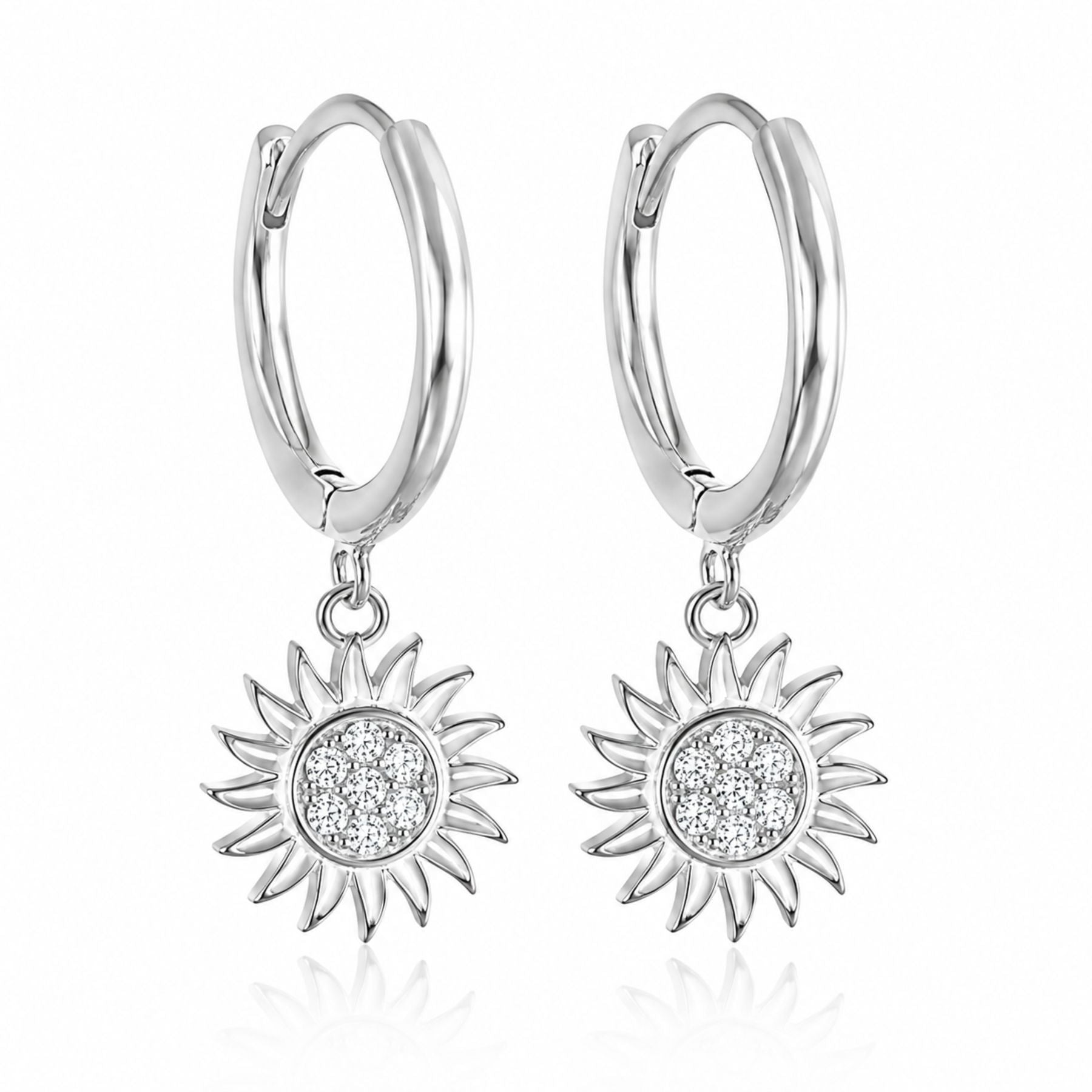 Helio silver sun hoop earrings with sparkling zirconia sunburst charms