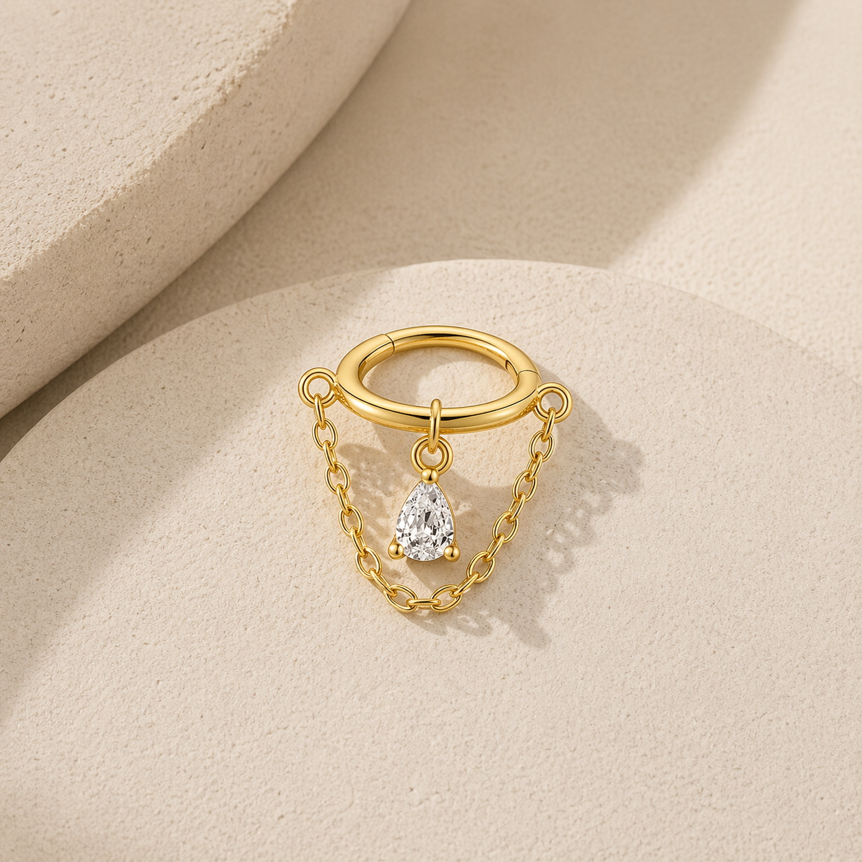 Helix chain earring in 18K gold plated sterling silver with teardrop CZ charm and double chain detail, ear cuff piercing jewelry for helix