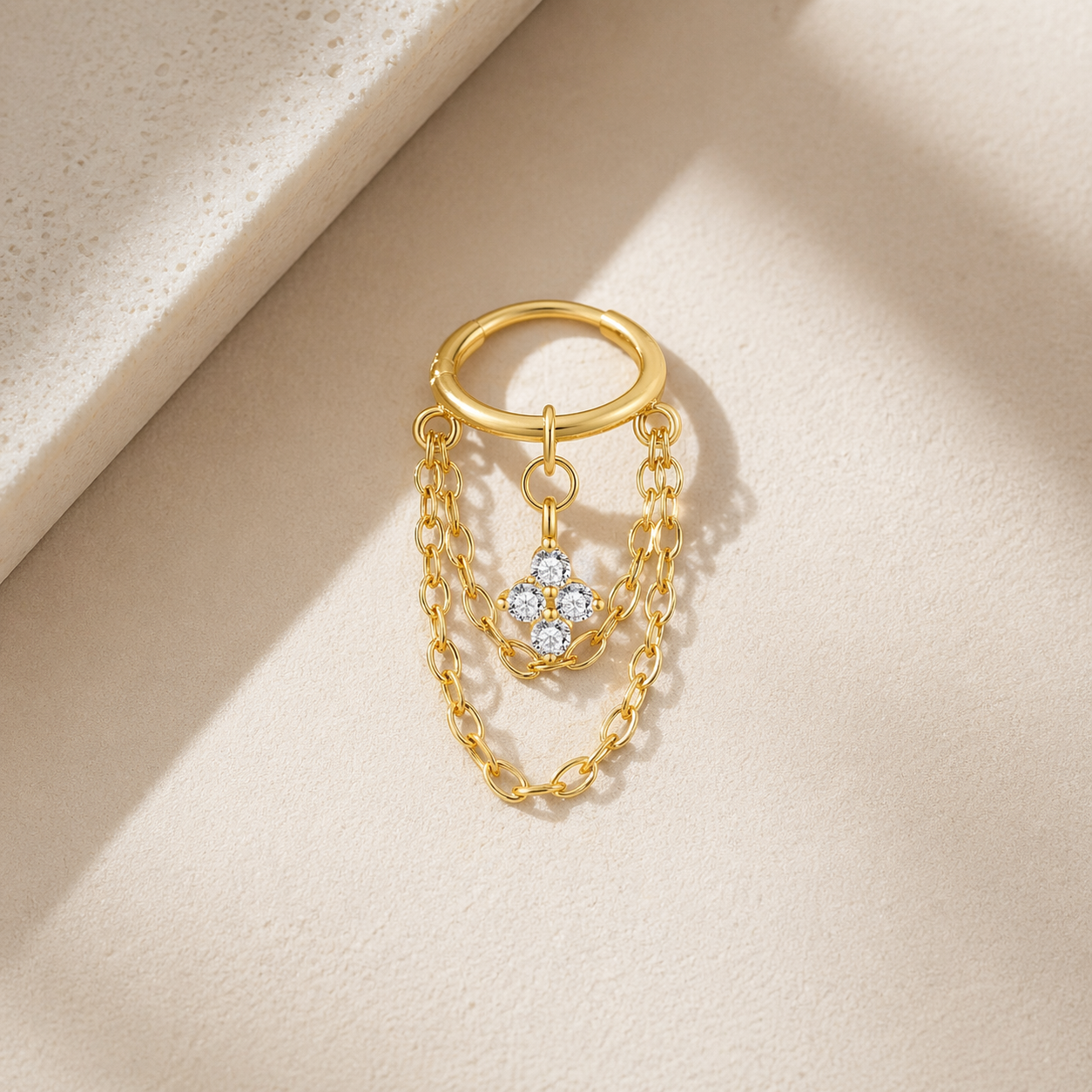Helix chain flower earring in 18K gold plated sterling silver with CZ flower charm and layered chains