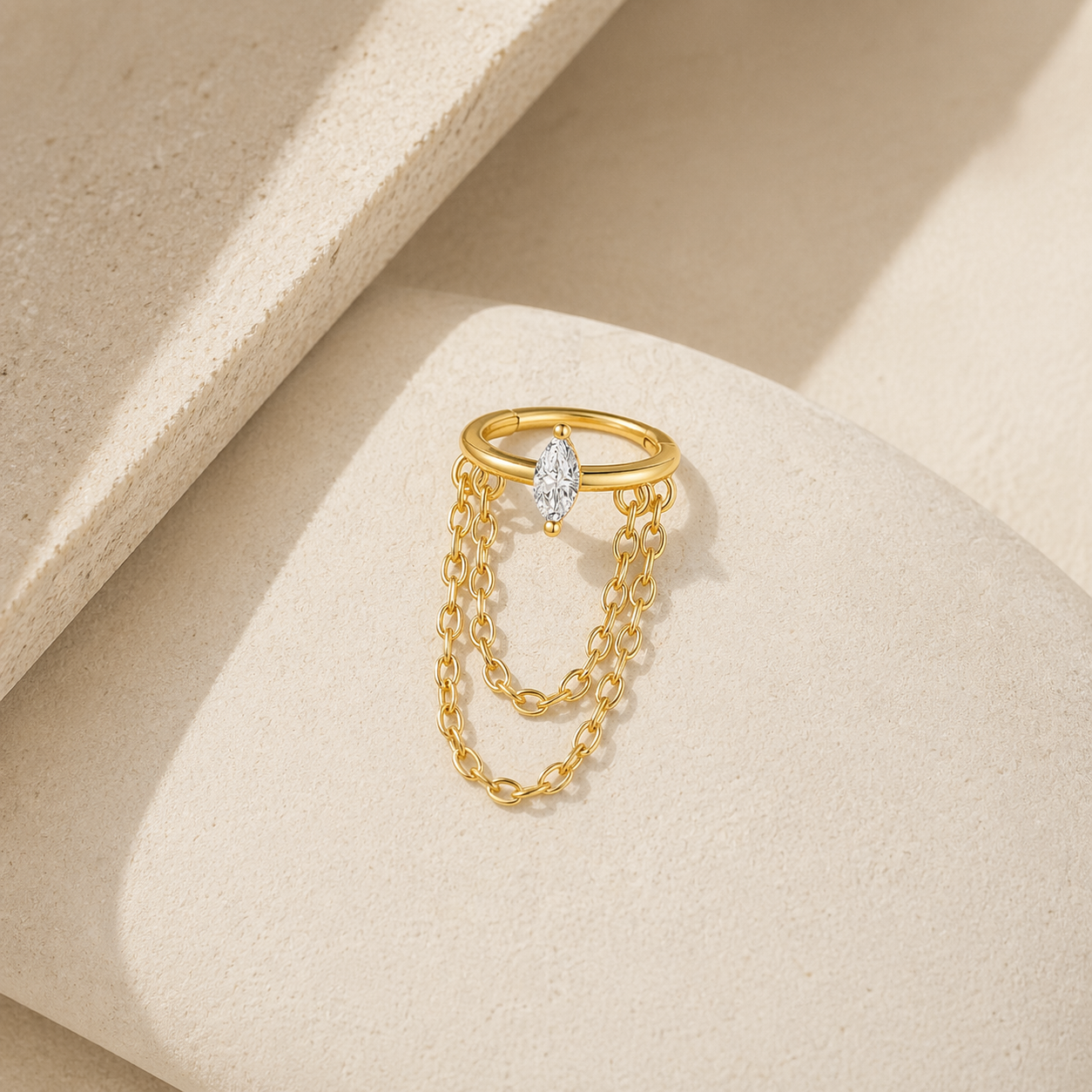 Helix chain marquise earring in 18K gold plated sterling silver with marquise CZ stone and layered chains