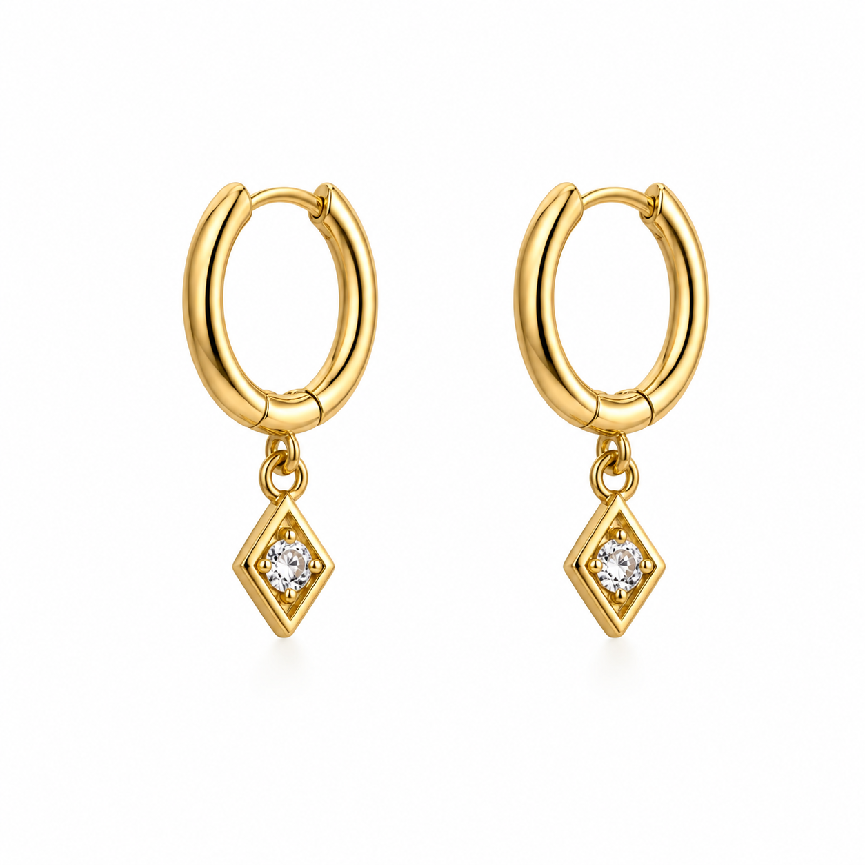 Gold huggie hoop earrings with kite-shaped zirconia charm, 925 sterling silver, on white background.