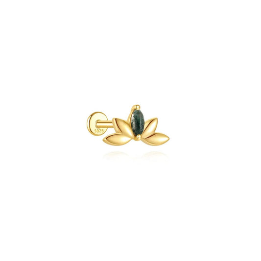 Leaf stud earring with natural green stone in gold plated sterling silver