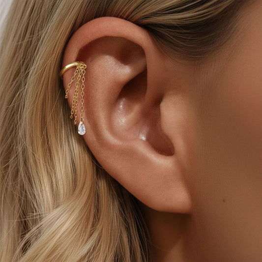 gold ear cuff with chain worn on helix, no piercing ear cuff with dangling chains and teardrop charm