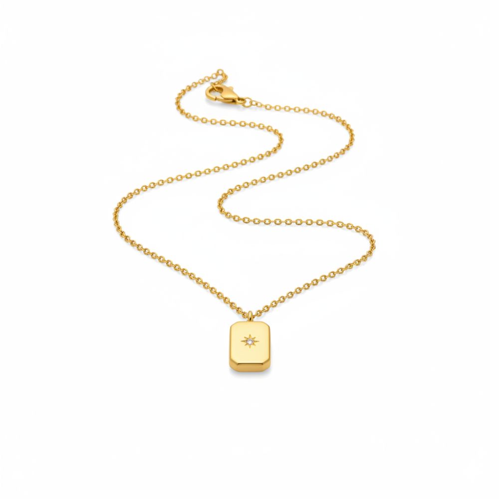 Mini star pendant necklace flat lay, gold plated stainless steel waterproof necklace