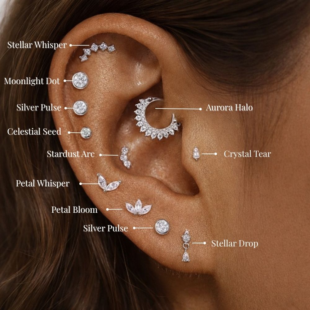 moissanite ear stack in 925 sterling silver with cartilage, helix, tragus and lobe earrings