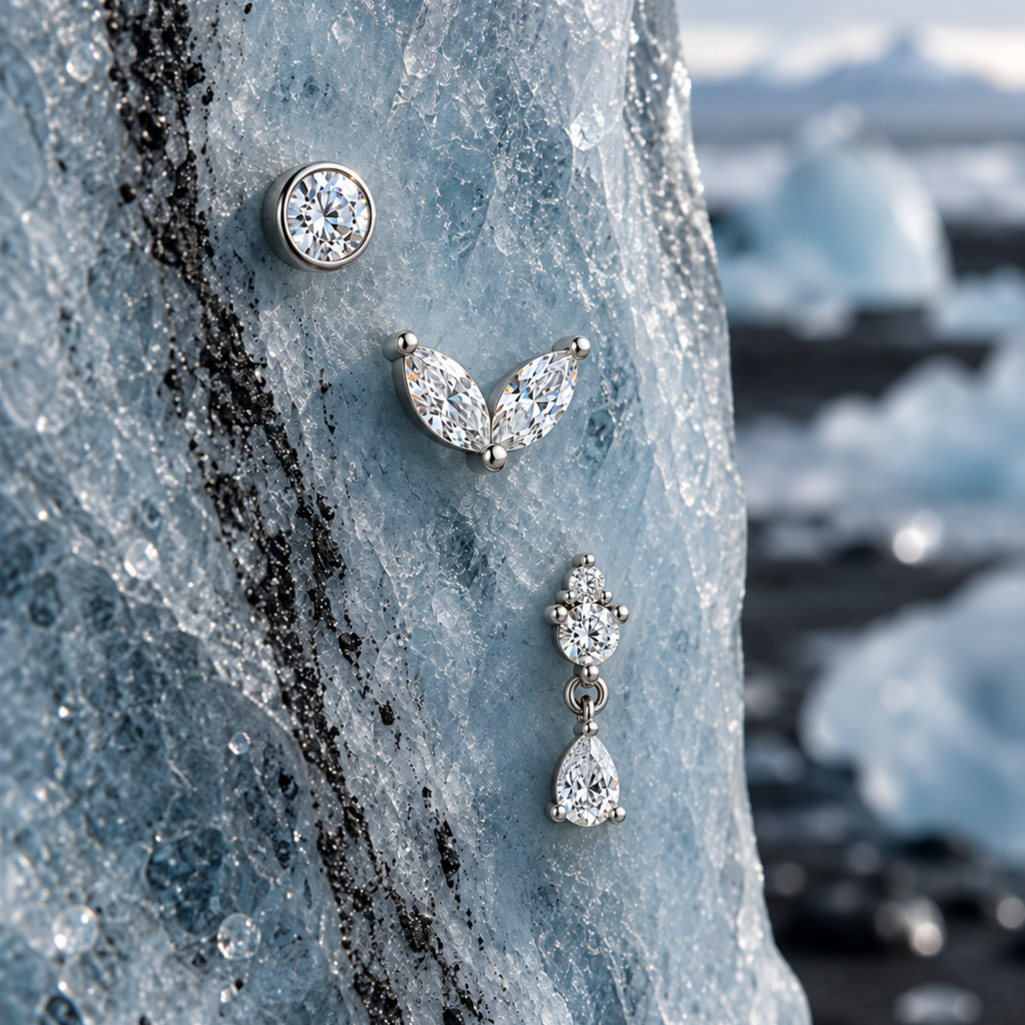 Stellar Drop moissanite dangle flat back earring in 925 sterling silver, shown with a bezel stud and a marquise stud