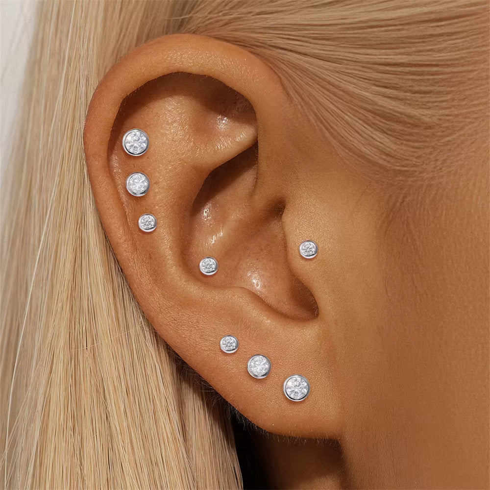 moissanite stud earrings in 925 sterling silver available in multiple sizes for cartilage and lobe piercings
