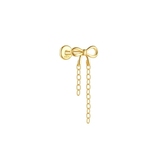 Gold bow stud earring with delicate chain detail, minimalist cartilage piercing jewelry