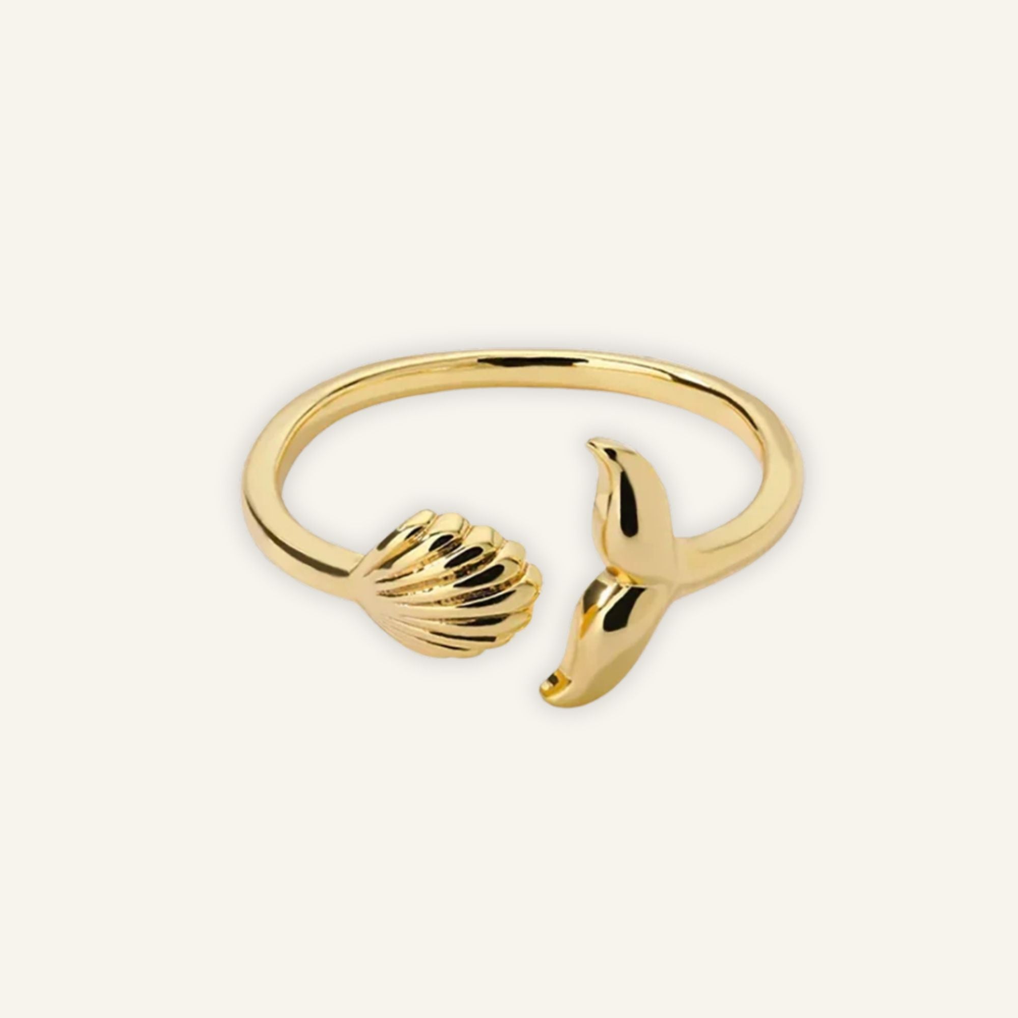 Gold open ring with seashell and mermaid tail design, waterproof and tarnish-resistant jewelry