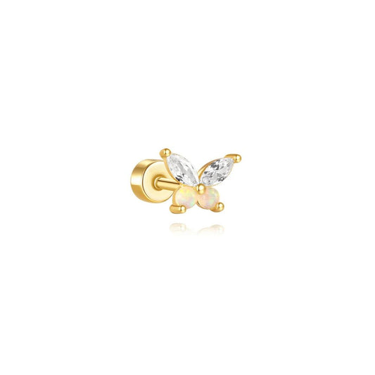 Butterfly opal stud earring in 925 sterling silver for cartilage, helix and lobe ear stack styling