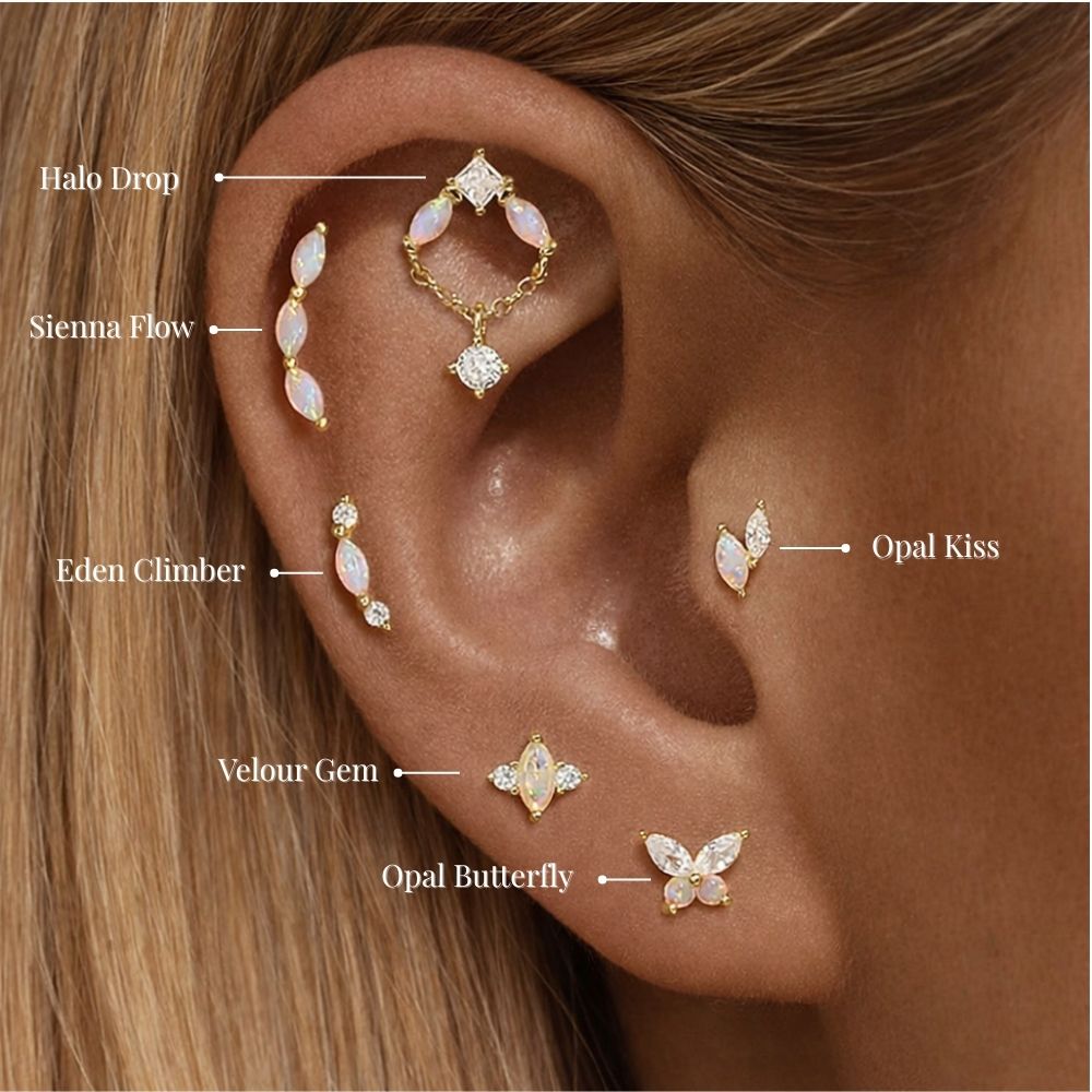 Opal ear stack with helix, tragus and lobe earrings in 925 sterling silver, curated ear jewelry with opal stones