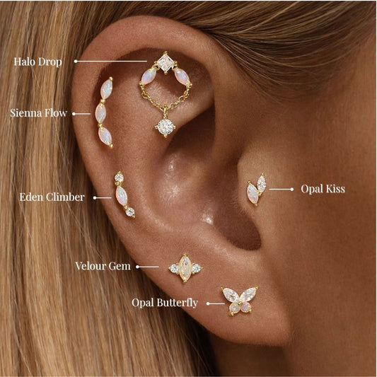 Opal ear stack with helix, tragus and lobe earrings in 925 sterling silver, curated ear jewelry with opal stones