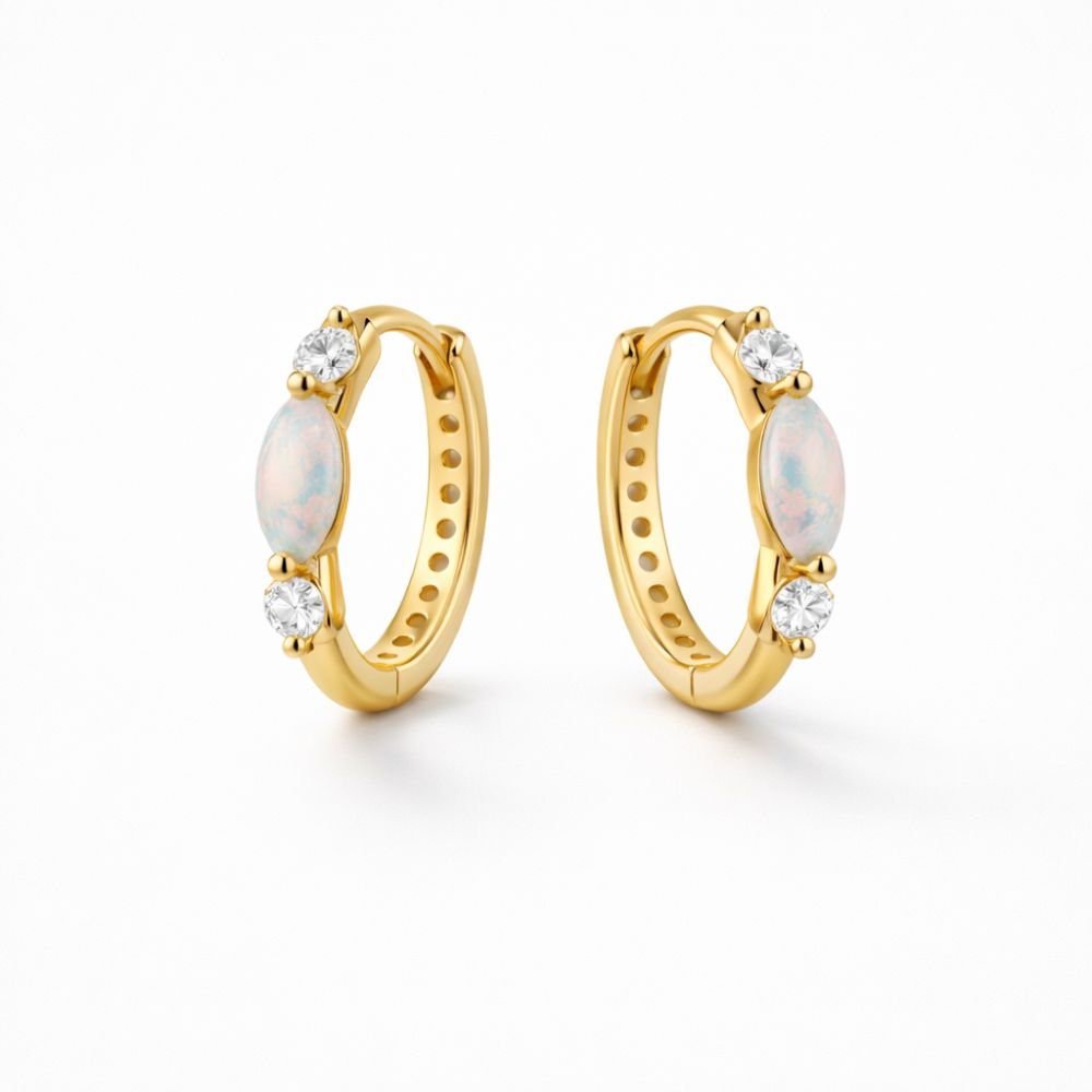 Gold plated 925 sterling silver opal huggie hoop earrings packshot on white background
