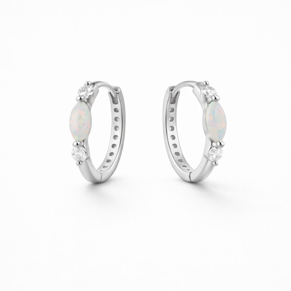 Gold plated 925 sterling silver opal huggie hoop earrings packshot on white background
