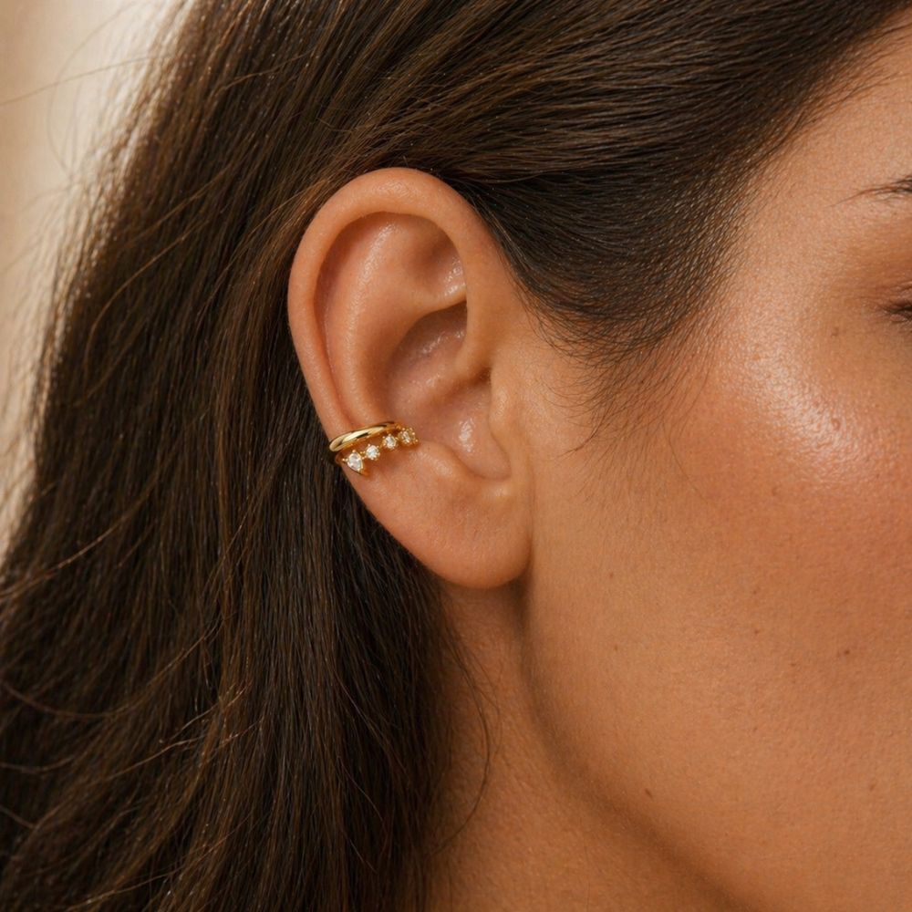 Gold pavé ear cuff no piercing worn on cartilage, clip-on helix earring with CZ stones