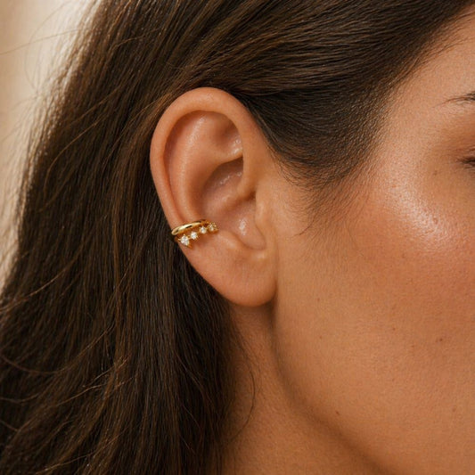 Gold pavé ear cuff no piercing worn on cartilage, clip-on helix earring with CZ stones
