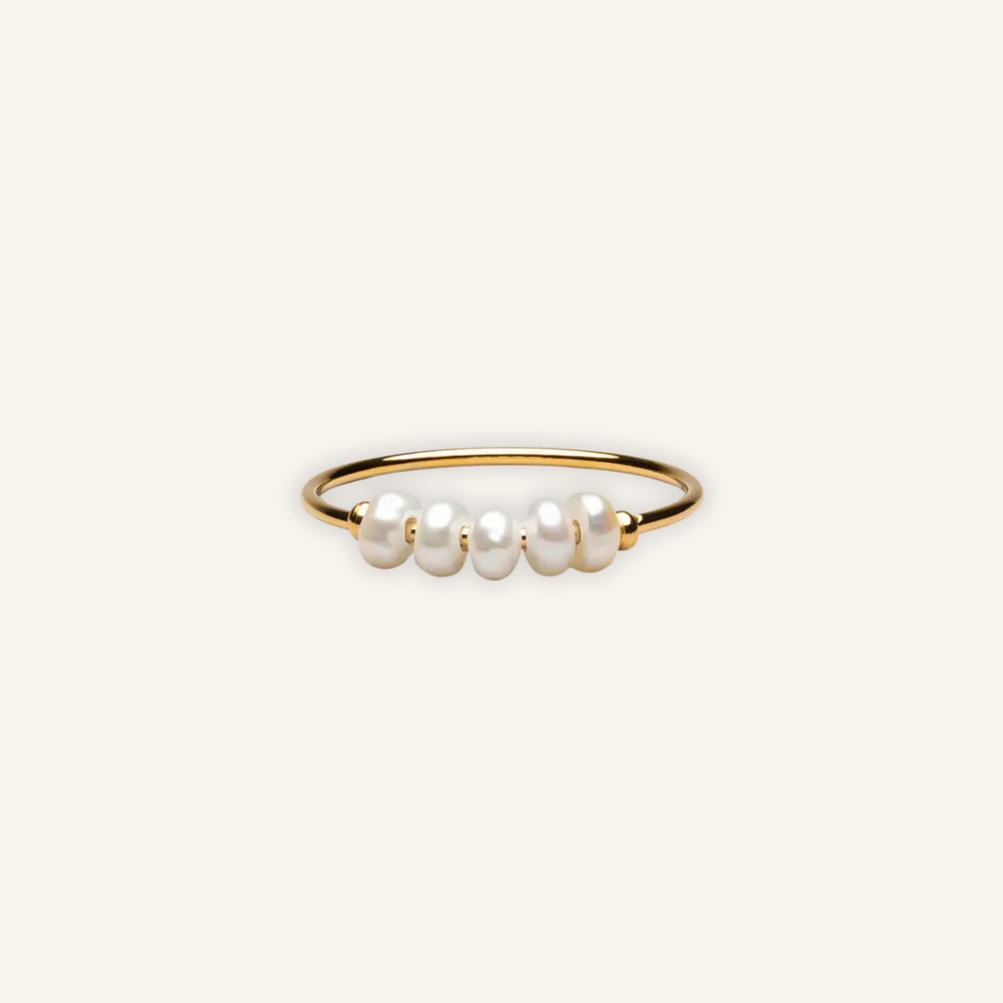 Dainty gold ring featuring five freshwater pearls, minimalist waterproof and hypoallergenic jewelry