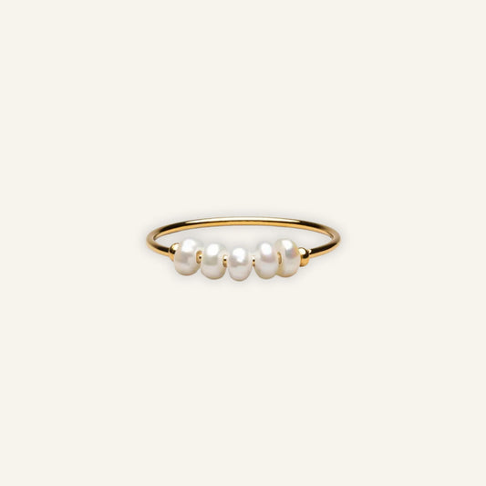 Dainty gold ring featuring five freshwater pearls, minimalist waterproof and hypoallergenic jewelry