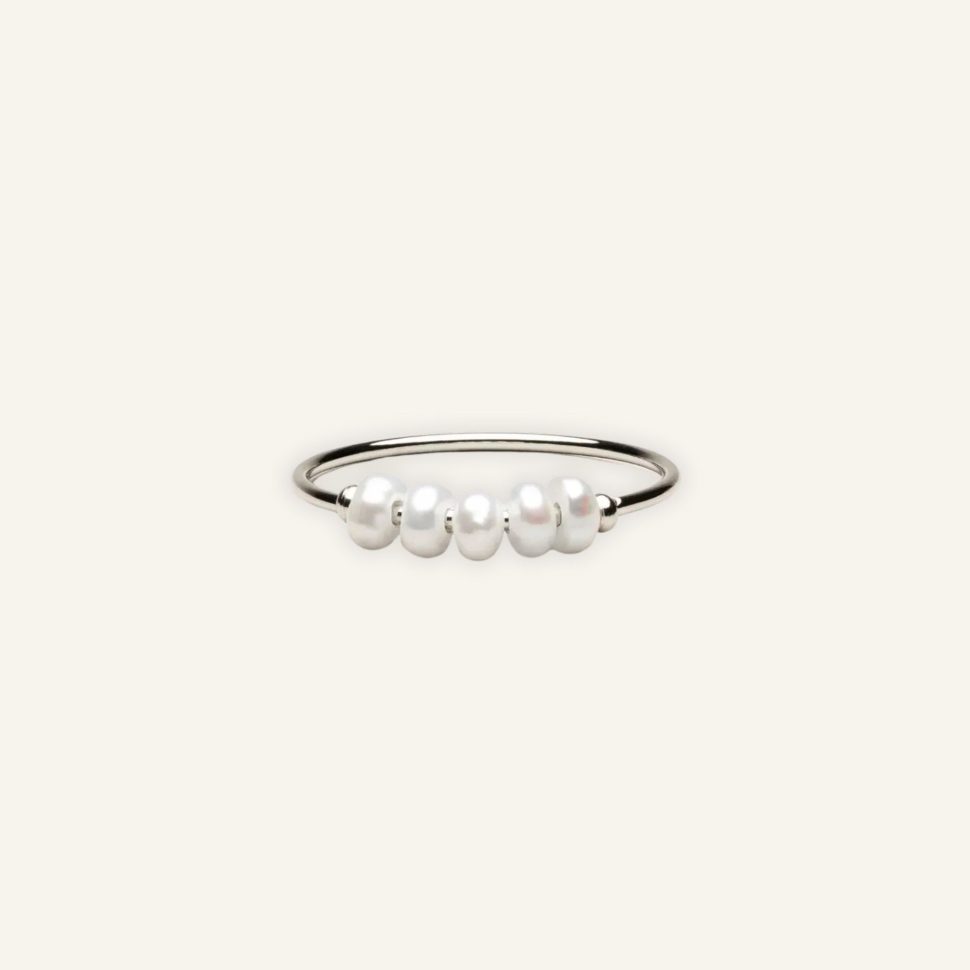 Dainty silver ring featuring five freshwater pearls, minimalist waterproof and hypoallergenic jewelry