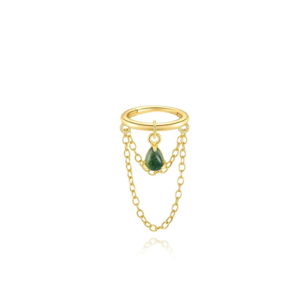 Helix hoop earring with chains and green stone drop in gold plated sterling silver