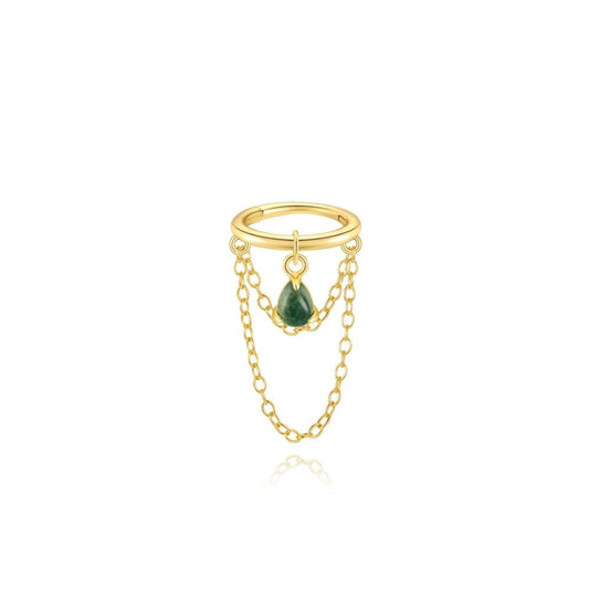 Helix hoop earring with chains and green stone drop in gold plated sterling silver