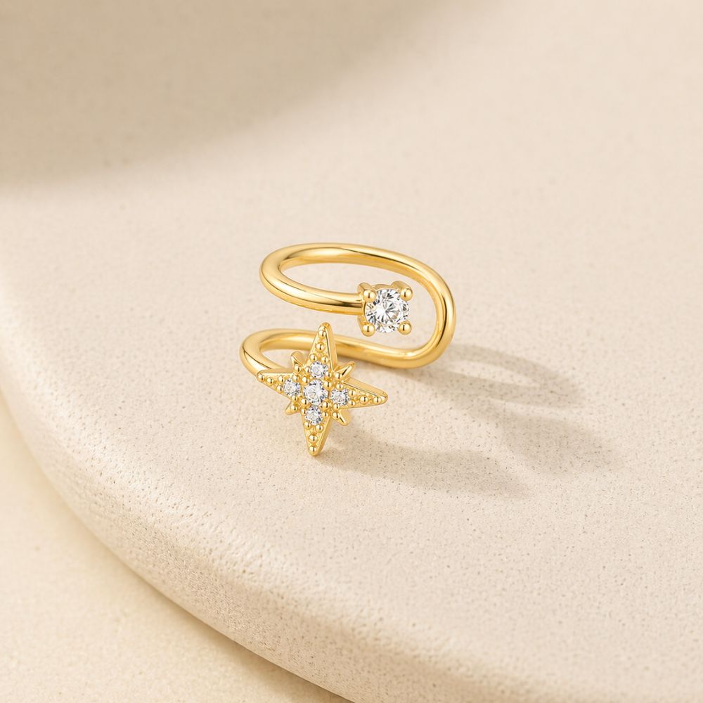Gold star ear cuff no piercing with cubic zirconia, clip-on cartilage earring bold design