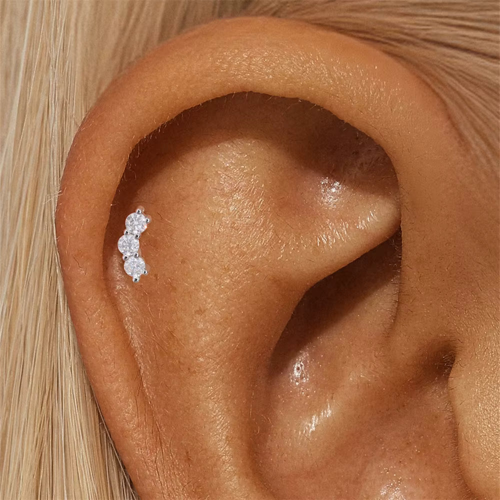 moissanite curved stud earring in 925 sterling silver for helix cartilage piercing