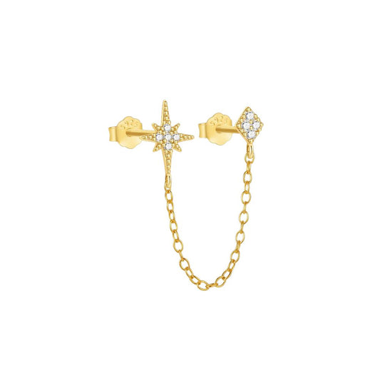 Starfall Stud double piercing chain earring in gold with zirconia stones and connecting chain detail