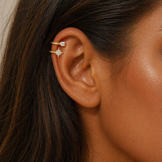 Gold star ear cuff no piercing worn on cartilage, clip-on helix earring with CZ stone